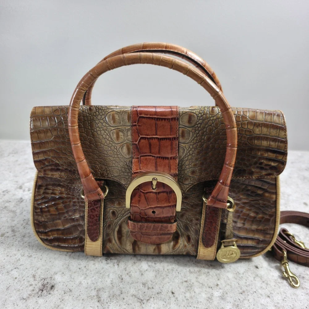 Brahmin Tricolor Collection Brown Croc Embossed Leather Satchel Handbag